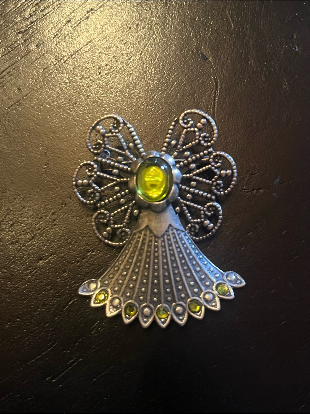 Vintage Style Silver Angel Pin with Lime Green Stones
